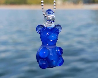 Sonic Blue Glass Gummy Bear Pendant: Hand-Sculpted Borosilicate Necklace