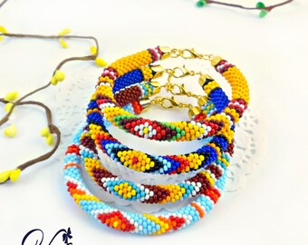 Native American inspired beaded bracelet, American Indian inspired bracelet, Ethnic jewelry, Bead crochet rope, Beadwork Peyote bracelet