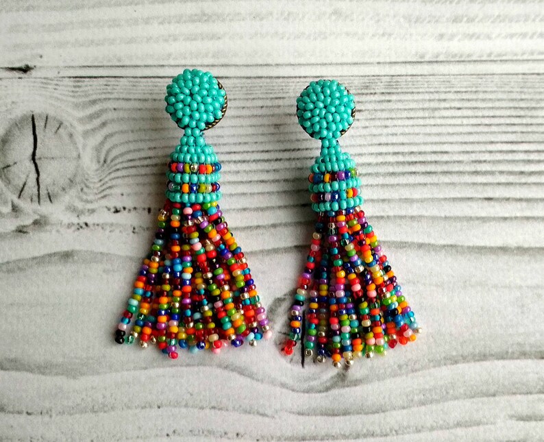 Multicolor earrings Colorful beaded tassel Oscar de ra Renta Etsy