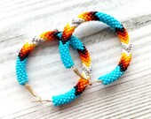 Beaded hoop earrings Native American style, Native beadwork jewelry, Blue bead hoop earrings, Big hoop earrings, Ethnic earrings, Stud hoops