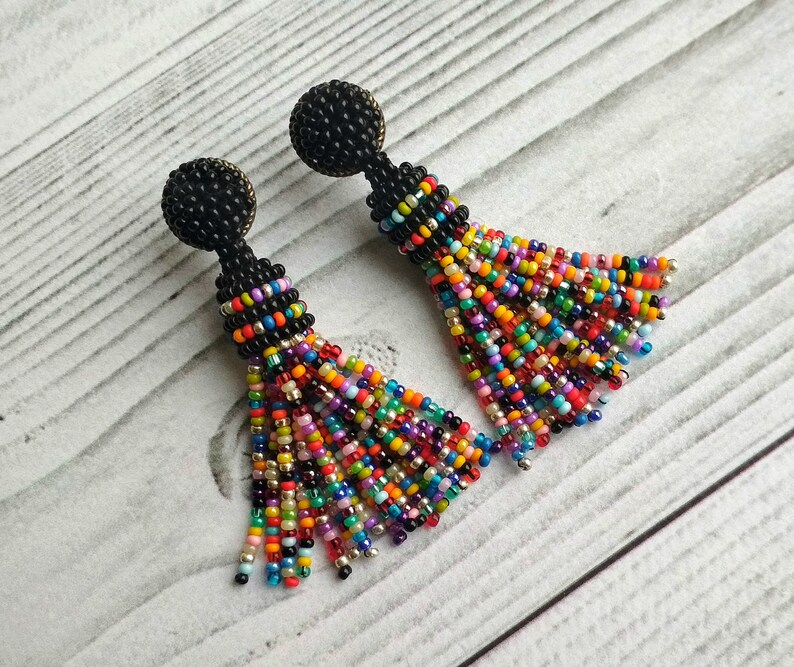 Multicolor earrings Colorful beaded tassel earrings Black Etsy