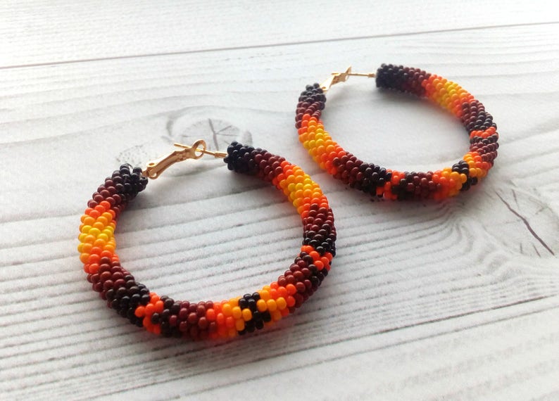 Orange hoop earrings Beaded stud earrings Embroidered Etsy