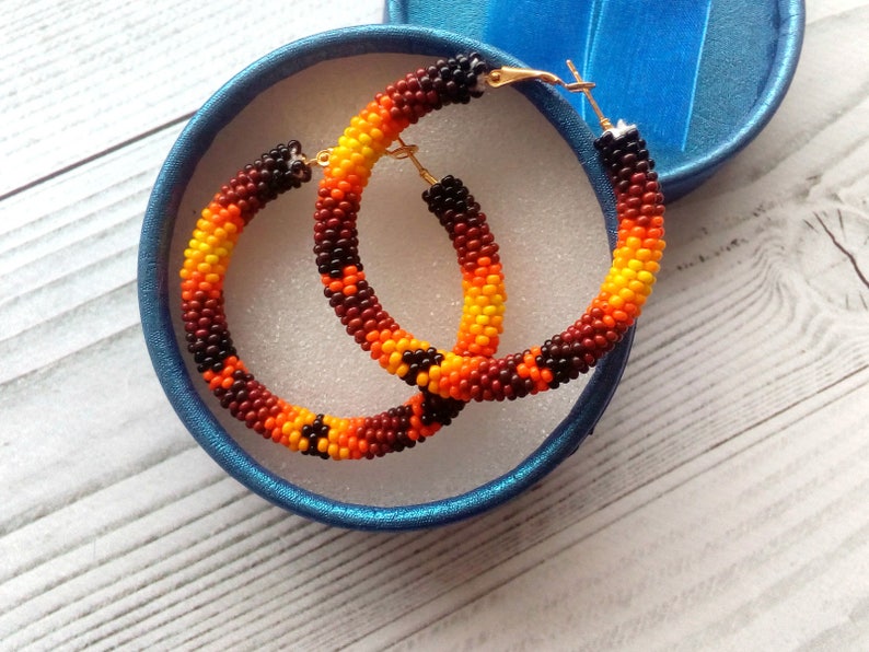 Orange hoop earrings Beaded stud earrings Embroidered Etsy