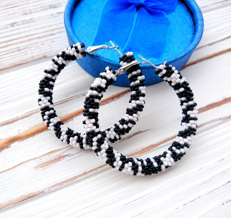 Black & White Beaded Hoop Earrings Zebra Print Seed Bead | Etsy