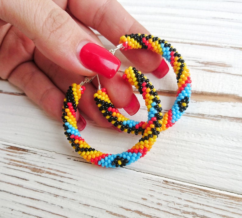 2 Beaded Hoop Earrings Native American Indian Style Etsy