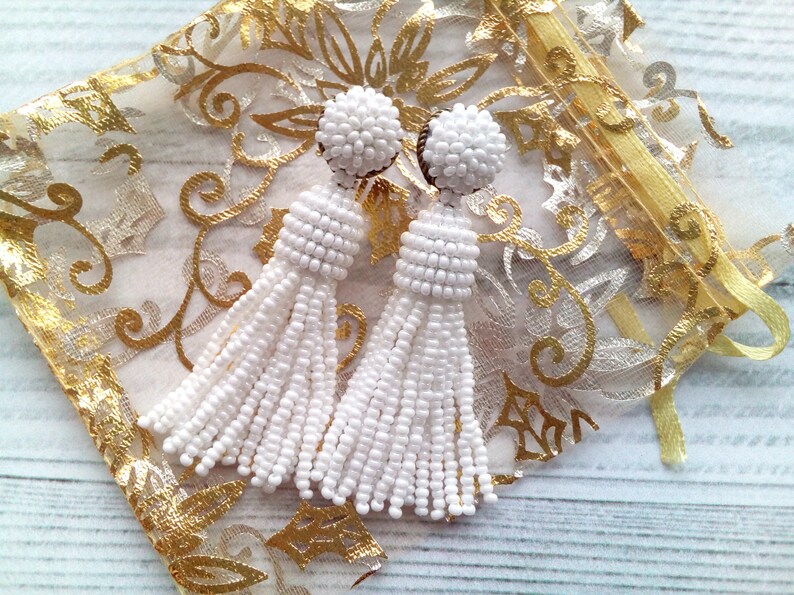 White tassel earrings White stud beaded earrings Long short Etsy