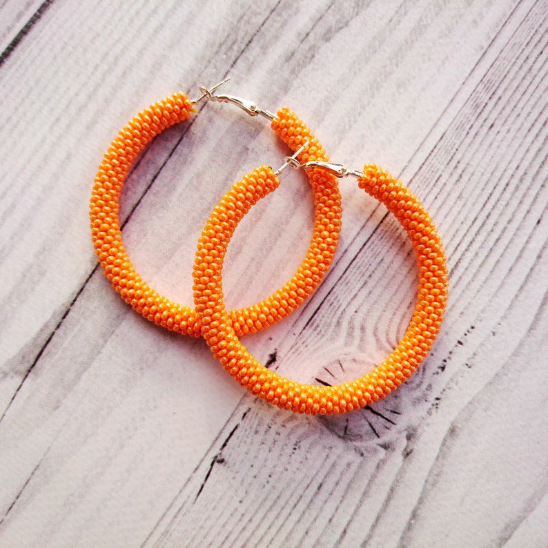 Orange Beaded Hoop Earrings Big Seed Bead Hoops African Etsy