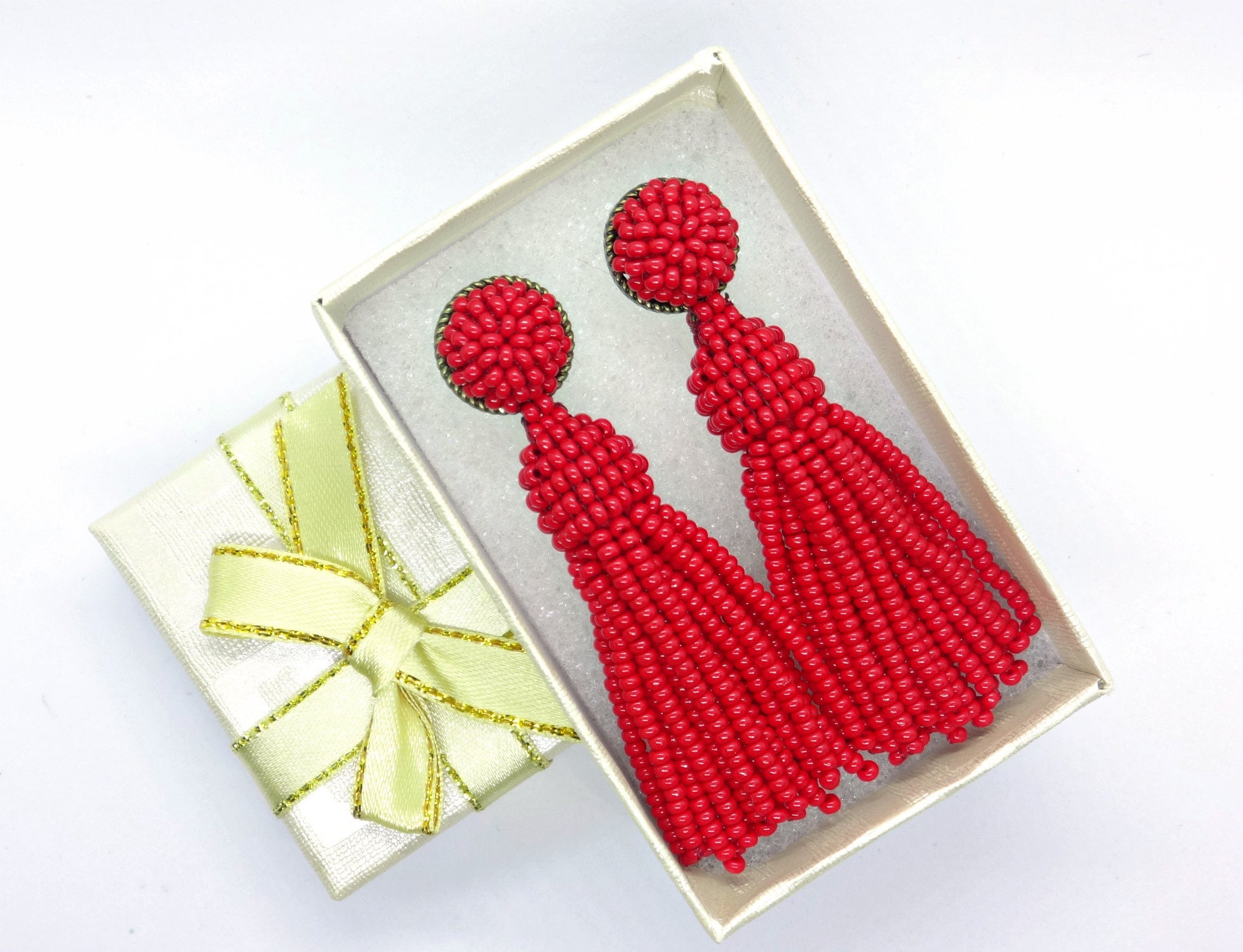 Red beaded tassel earrings Stud tassel earrings Long short Etsy