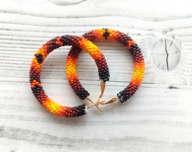 Orange hoop earrings Beaded stud earrings Embroidered Etsy