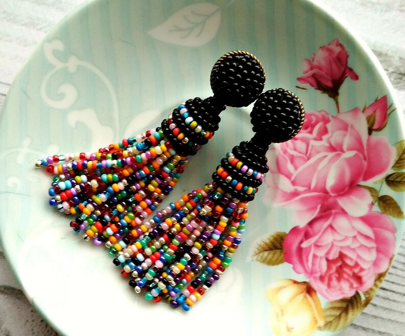 Multicolor earrings Colorful beaded tassel earrings Black Etsy
