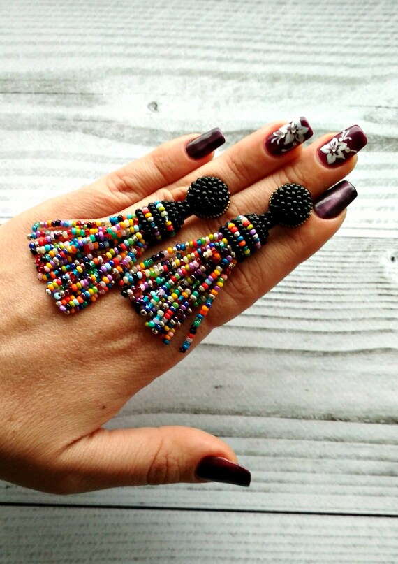 Multicolor earrings Colorful beaded tassel earrings Black Etsy