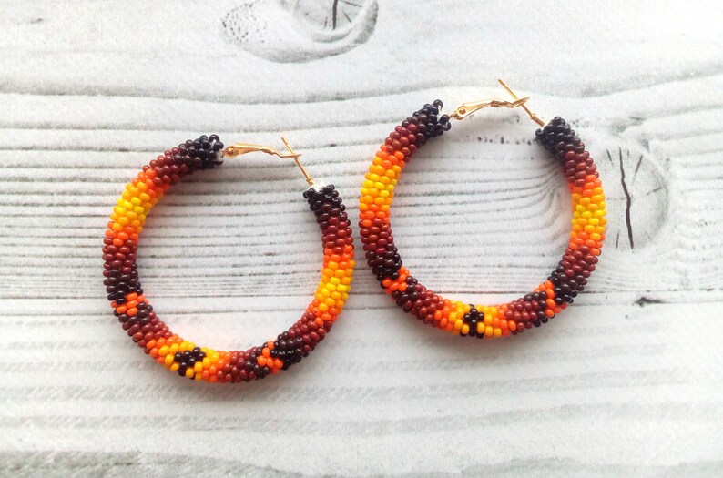 Orange hoop earrings Beaded stud earrings Embroidered Etsy