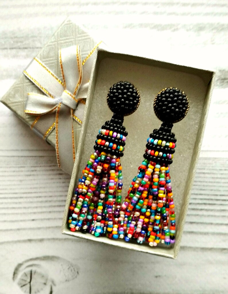 Multicolor earrings Colorful beaded tassel earrings Black Etsy