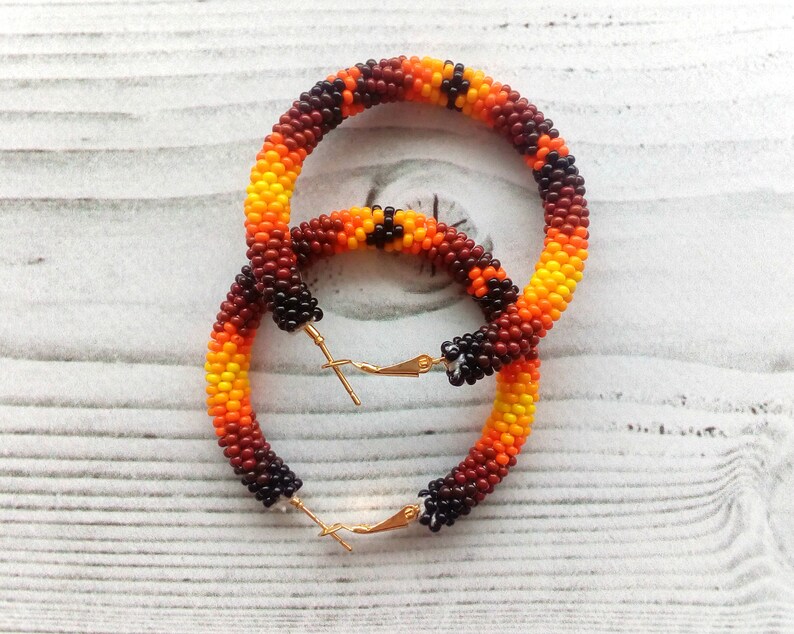 Orange hoop earrings Beaded stud earrings Embroidered Etsy