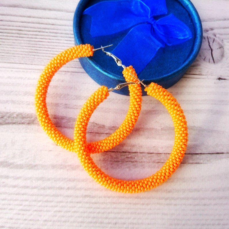 Orange Beaded Hoop Earrings Big Seed Bead Hoops African Etsy