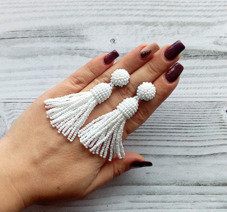 White tassel earrings White stud beaded earrings Long short Etsy