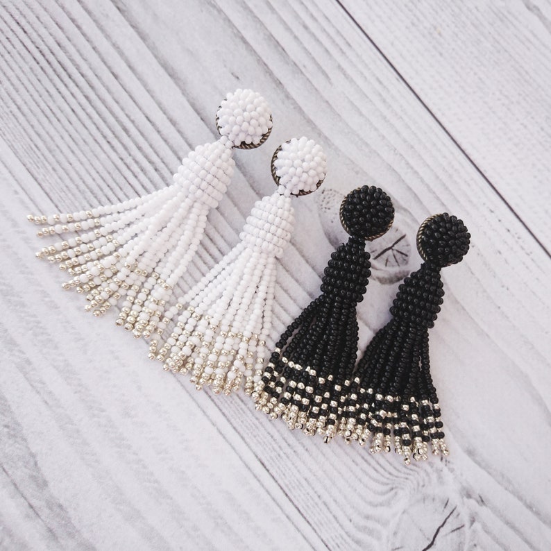 Black seed bead earrings Oscar de la Renta Black and Silver tassel earrings Long short stud Black tassle earrings Beaded tassel earrings