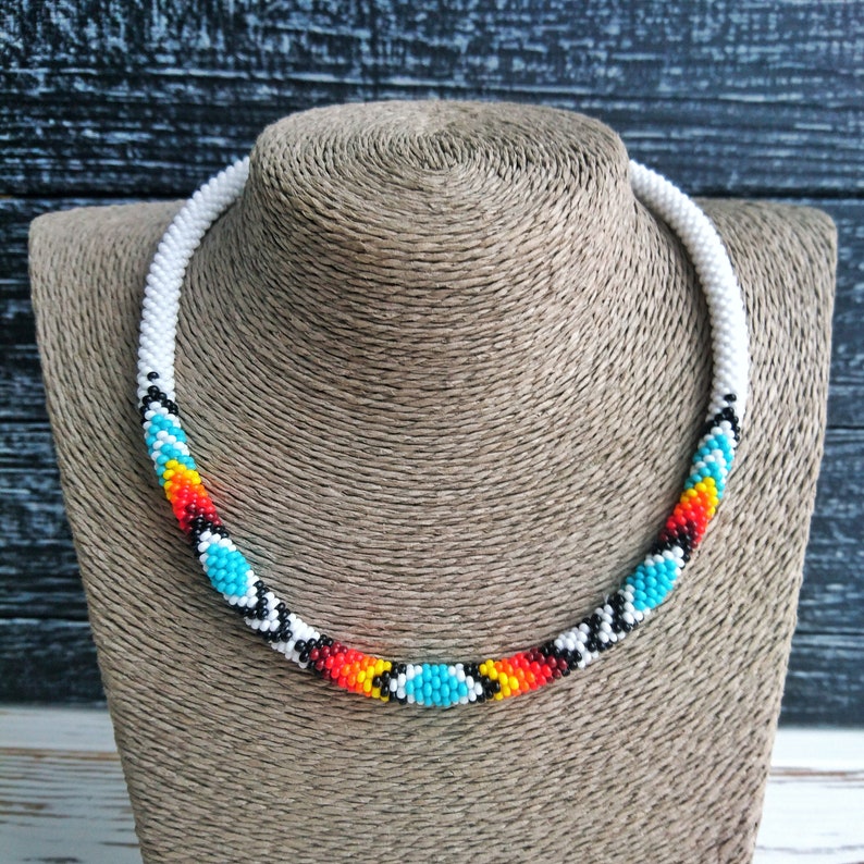 White Bead Necklace in Native American Style Colorful Beaded Etsy