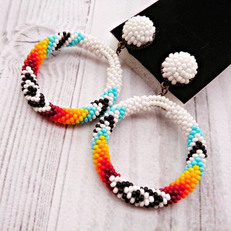 Native American Style White Beaded Earrings Stud hoop seed | Etsy
