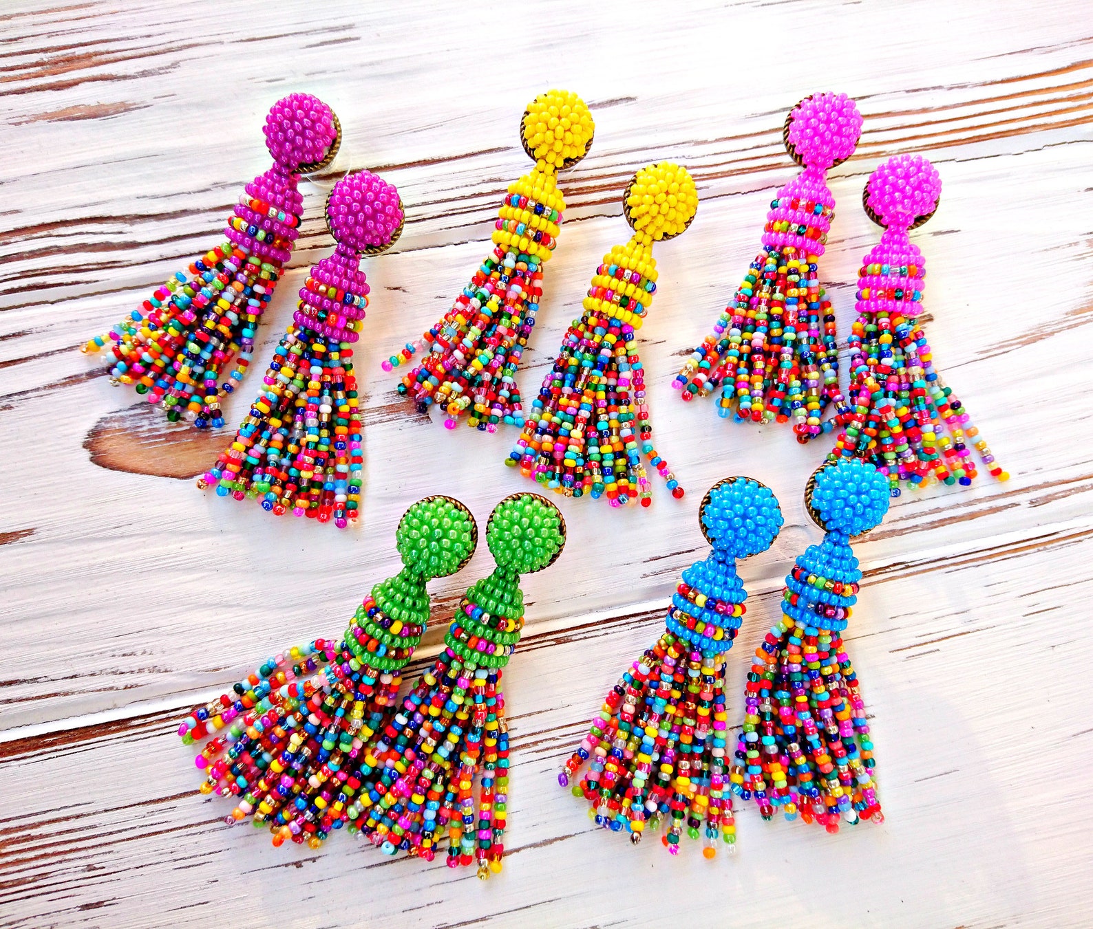 Summer colorful seed bead tassel earrings Multicolor beaded Etsy