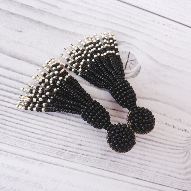 Black seed bead earrings Oscar de la Renta Black and Silver tassel earrings Long short stud Black tassle earrings Beaded tassel earrings