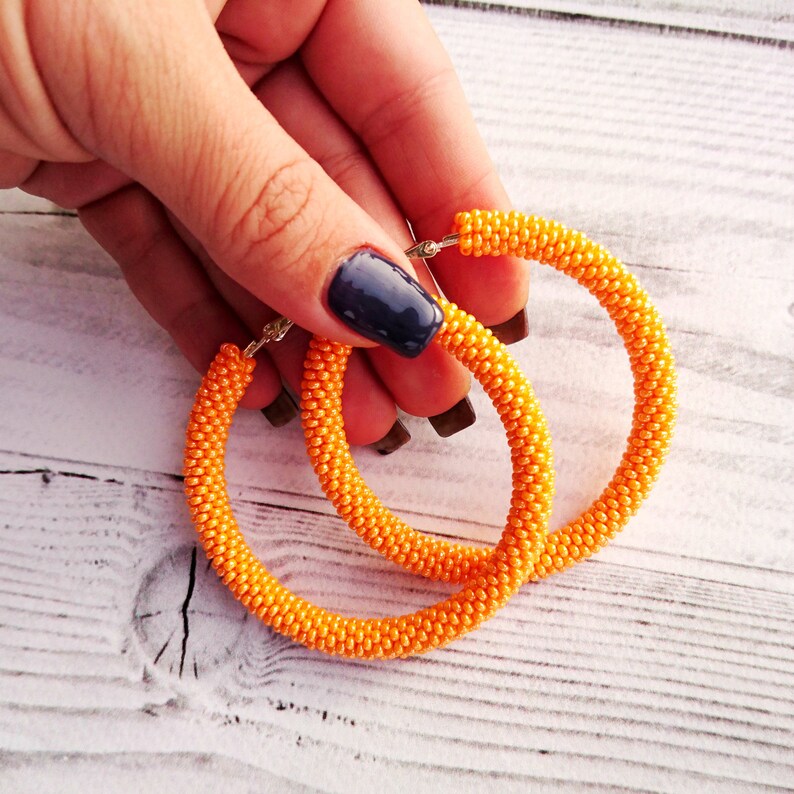 Orange Beaded Hoop Earrings Big Seed Bead Hoops African Etsy