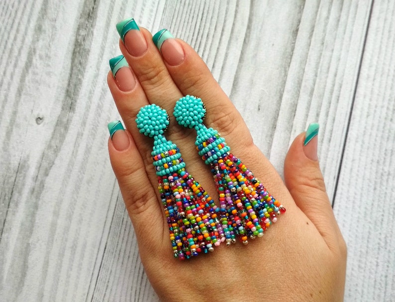 Multicolor earrings Colorful beaded tassel Oscar de ra Renta Etsy