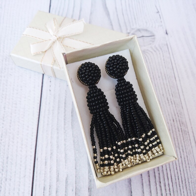 Black seed bead earrings Oscar de la Renta Black and Silver tassel earrings Long short stud Black tassle earrings Beaded tassel earrings