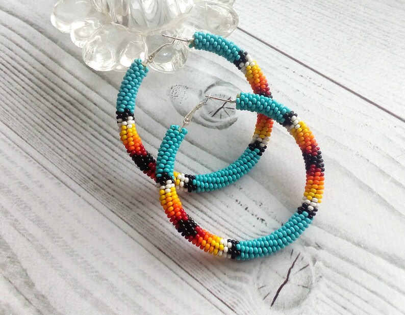 Hoop beaded earrings Native American inspired Turquoise Etsy