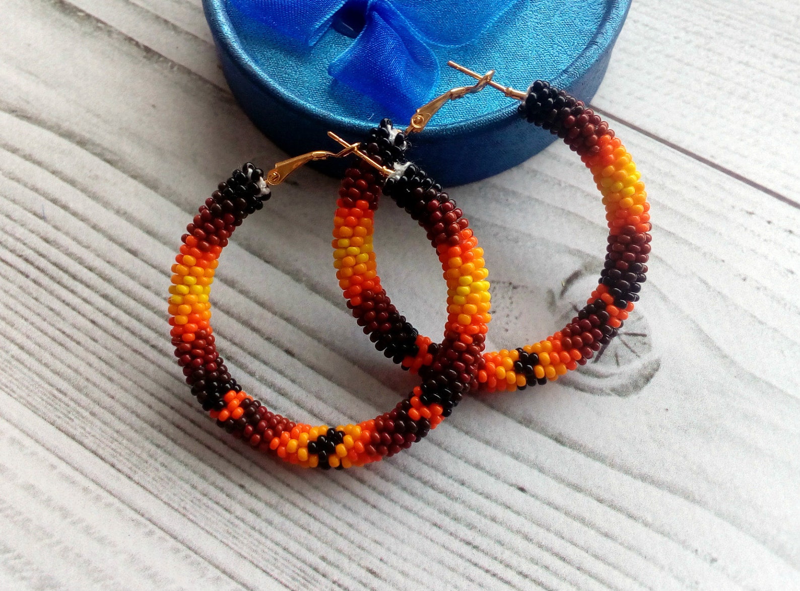 Orange hoop earrings Beaded stud earrings Embroidered Etsy