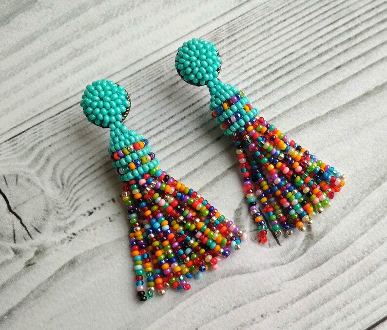 Multicolor earrings Colorful beaded tassel Oscar de ra Renta | Etsy