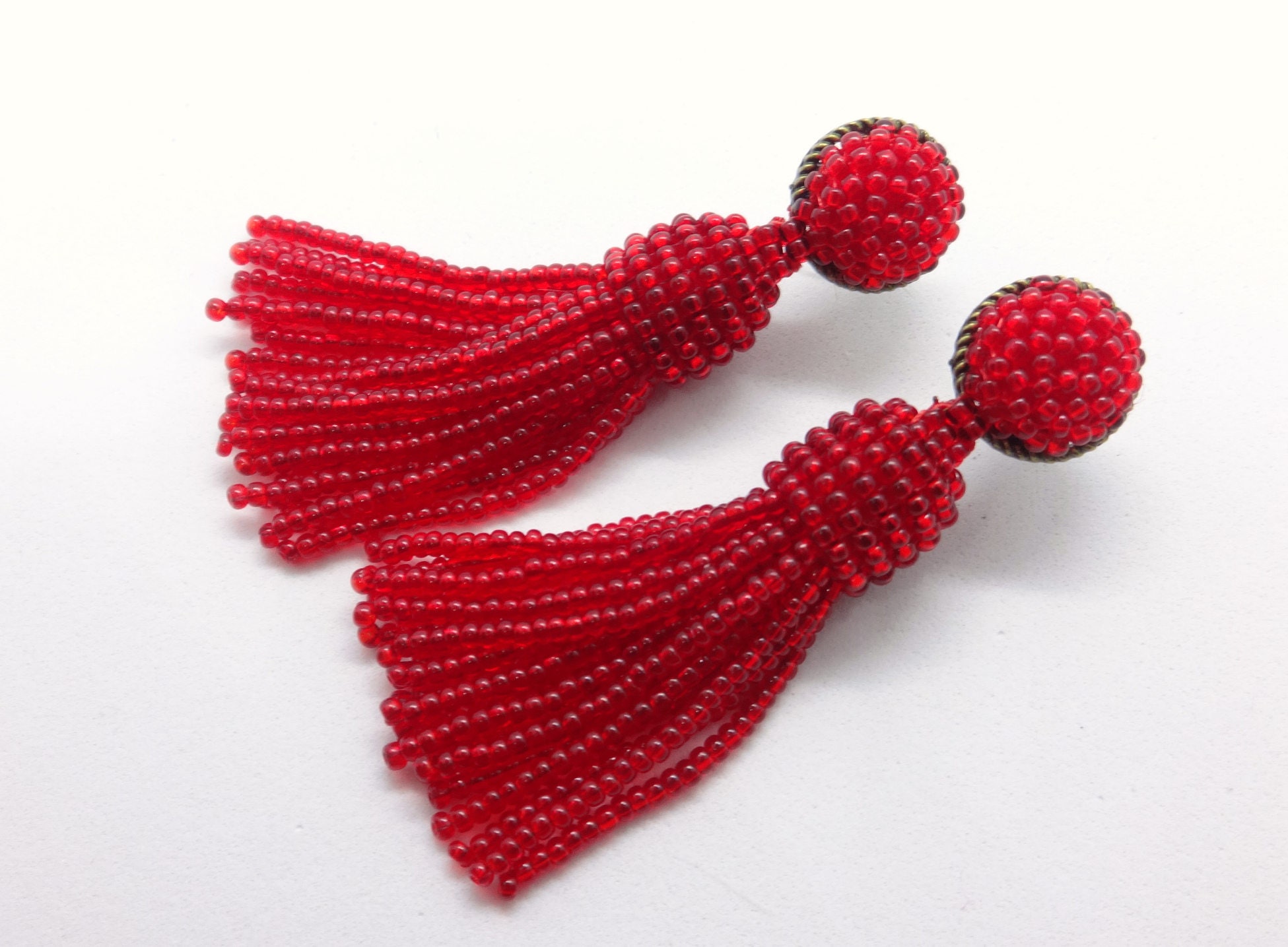 Red tassel earrings Red long beaded stud tassel earrings Etsy