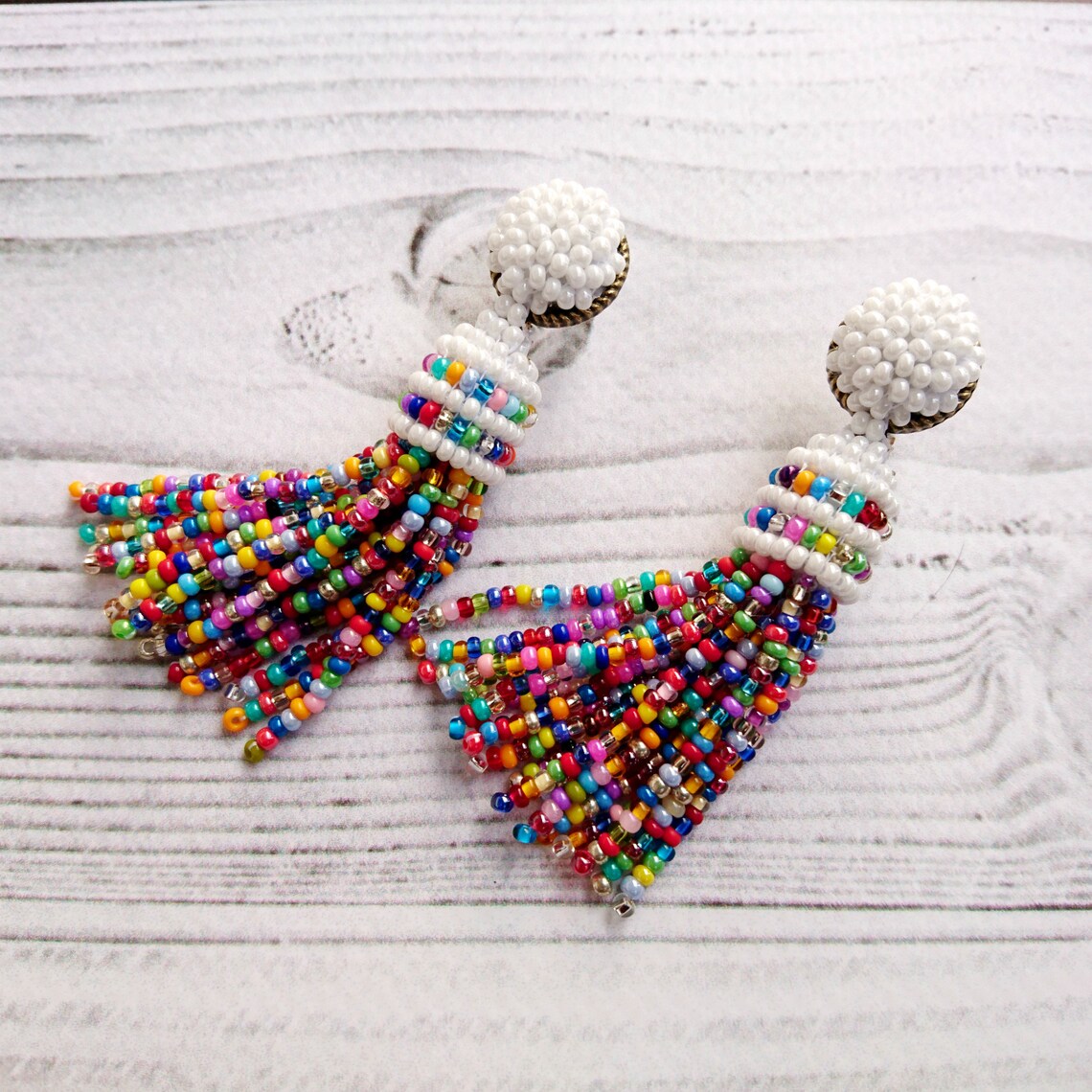 White bead tassel earrings Multicolor Colorful tassel Etsy