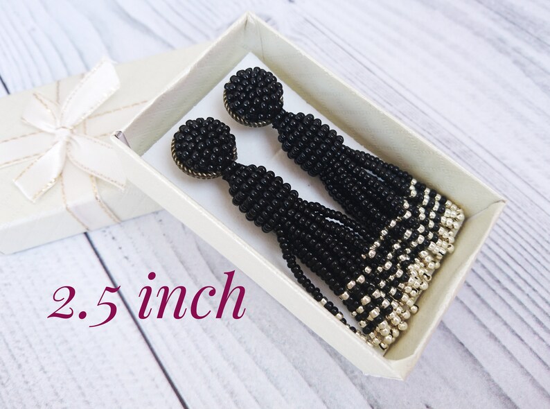 Black seed bead earrings Oscar de la Renta Black and Silver tassel earrings Long short stud Black tassle earrings Beaded tassel earrings