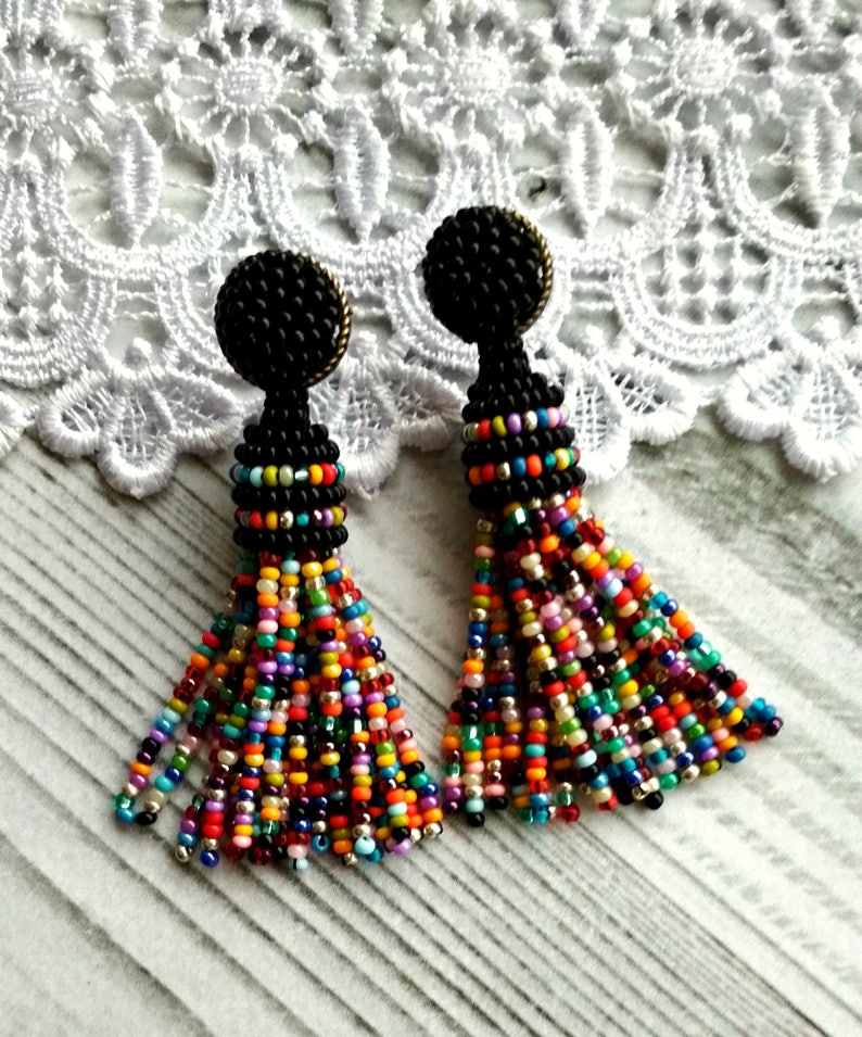 Multicolor earrings Colorful beaded tassel earrings Black Etsy