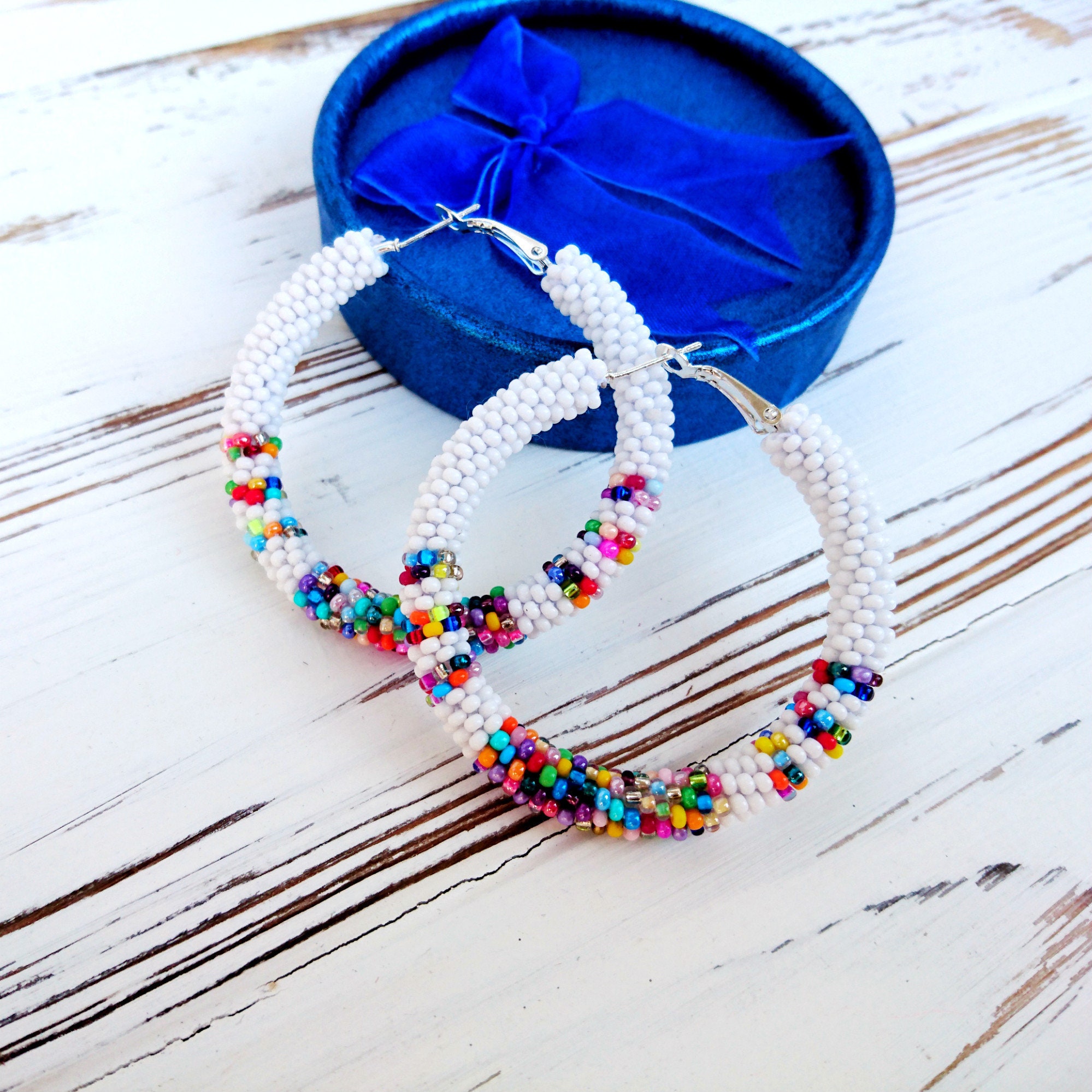 White & Colorful seed bead hoop earrings Big Stud Multi color Etsy