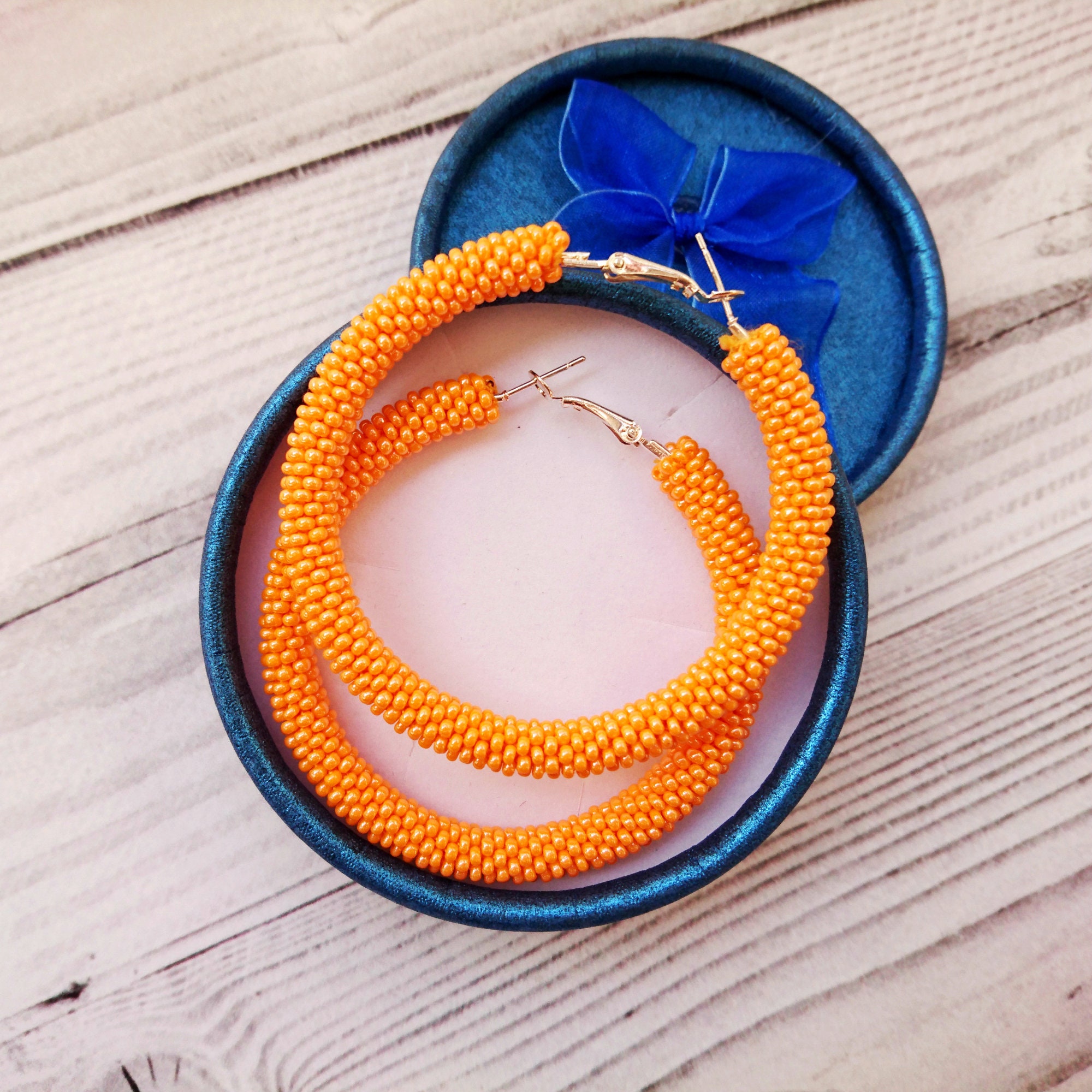 Orange Beaded Hoop Earrings Big Seed Bead Hoops African Etsy