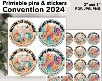 JW printable pin convention 2024 gift, round sticker flowers declare the good news, JW floral encouraging, sympathy cards encouragement