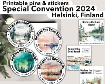 JW Finland special convention 2024 pin gift, Helsinki round sticker declare the good news, JW encouraging, sympathy encouragement