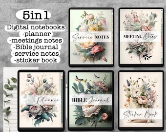 Uppsättning digitala anteckningsböcker, planerare, bibeldagbok, sändningar, gudstjänst, mötesanteckningar, klistermärken, GoodNotes, Samsung-anteckningar, Noteshelf, Notability