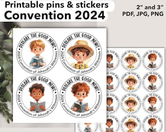 JW kids boy pin convention 2024, round sticker declare the good news, JW kid encouraging, printable sympathy cards encouragement children