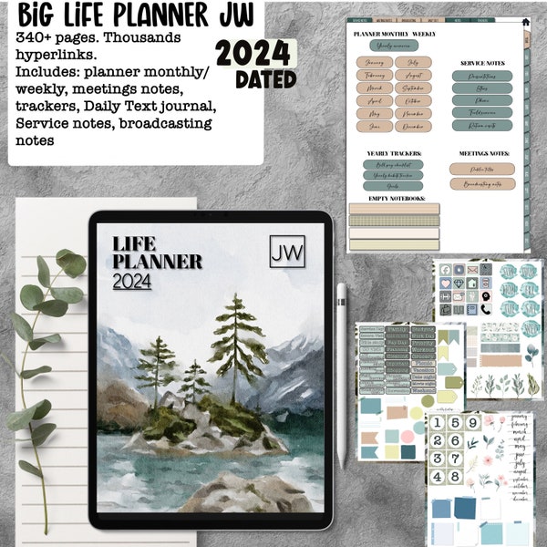 JW dated digital planner 2024 year for GoodNotes, Samsung notes, Android meetings notes, daily text, service notes, planning