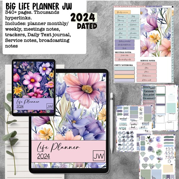 JW dated digital planner 2024 year for GoodNotes, Samsung notes, Android meetings notes, daily text, service notes, planning