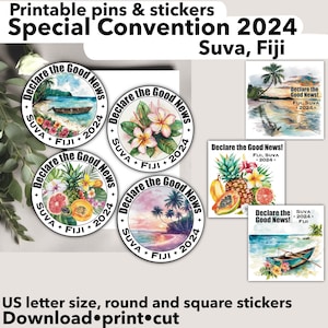 JW Suva Fiji special convention 2024 pin gift, round sticker declare the good news, JW encouraging, sympathy encouragement