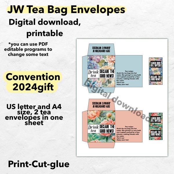 JW convention 2024 tea bag envelopes gift printable, declare good news JW gift teabag wrappers gift, digital download encouraging printable