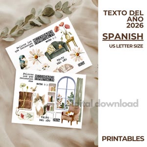 May include: Two watercolor-style printable cards with illustrations of a living room, flowers, and animals. The text on the cards reads "Felices los que reconocen sus NECESIDADES ESPIRITUALES MATEO 5:3" and "TEXTO DEL AÑO 2026 SPANISH US LETTER SIZE".