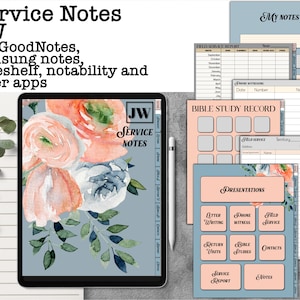 JW service notes for GoodNotes, return visits, Bible study, presentations planner iPad hyperlinked, with stickers notability Noteshelf