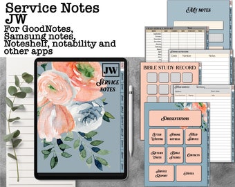 JW service notes for GoodNotes, return visits, Bible study, presentations planner iPad hyperlinked, with stickers notability Noteshelf