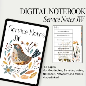 Può includere: Blocco notes digitale per prendere appunti sulle attività di servizio. La copertina presenta un'illustrazione colorata di un uccello con accenti floreali. Il blocco notes include sezioni per presentazioni, scrittura di lettere, testimonianze telefoniche, servizio sul campo, visite di ritorno, studi biblici e note. È compatibile con Goodnotes, Samsung Notes, Noteshelf, Notability e altre app per prendere appunti. Il blocco notes ha 55 pagine ed è ipercollegato.