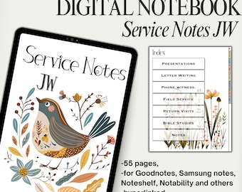 Könnte beinhalten: Digitales Notizbuch zum Notieren von Service-Aktivitäten. Der Einband zeigt eine farbenfrohe Vogel-Illustration mit floralen Akzenten. Das Notizbuch enthält Abschnitte für Präsentationen, Briefschreiben, Telefonzeugnisse, Außendienst, Rückbesuche, Bibelstudien und Notizen. Es ist kompatibel mit Goodnotes, Samsung Notes, Noteshelf, Notability und anderen Notiz-Apps. Das Notizbuch hat 55 Seiten und ist verlinkt.